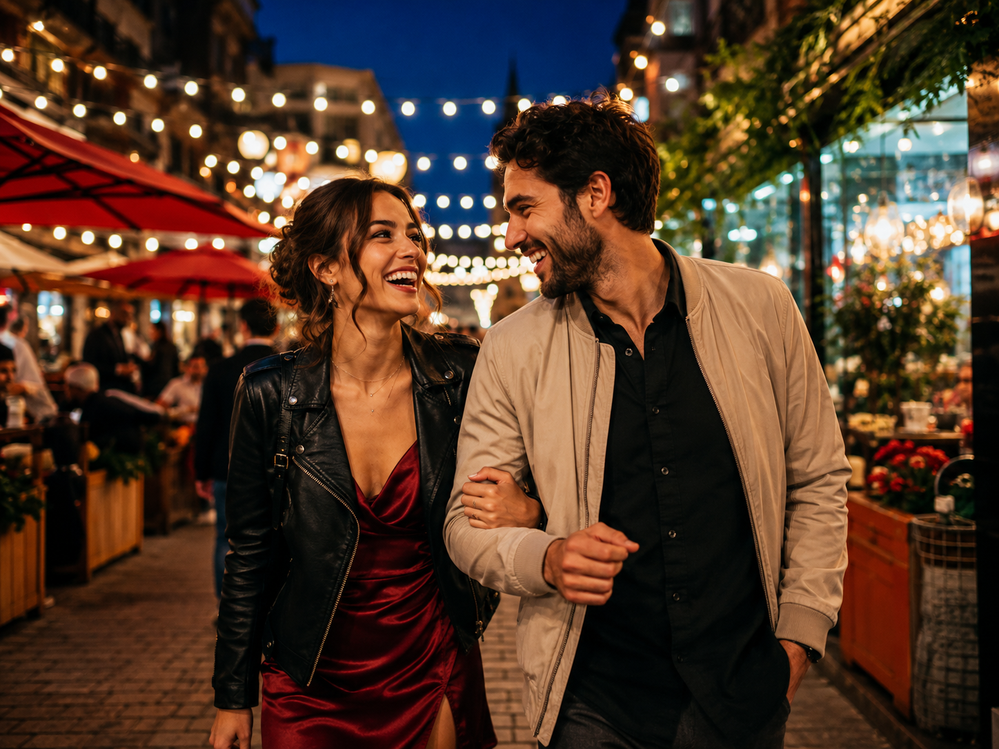 Couple walking through a lively evening date street