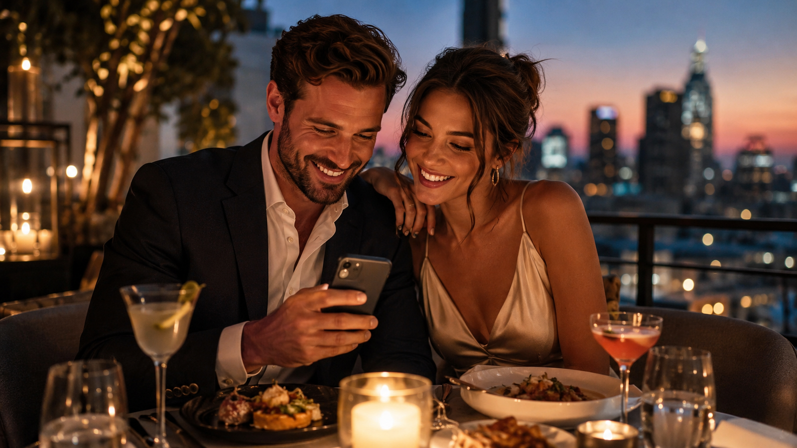 Couple planning a date night at a candlelit rooftop restaurant