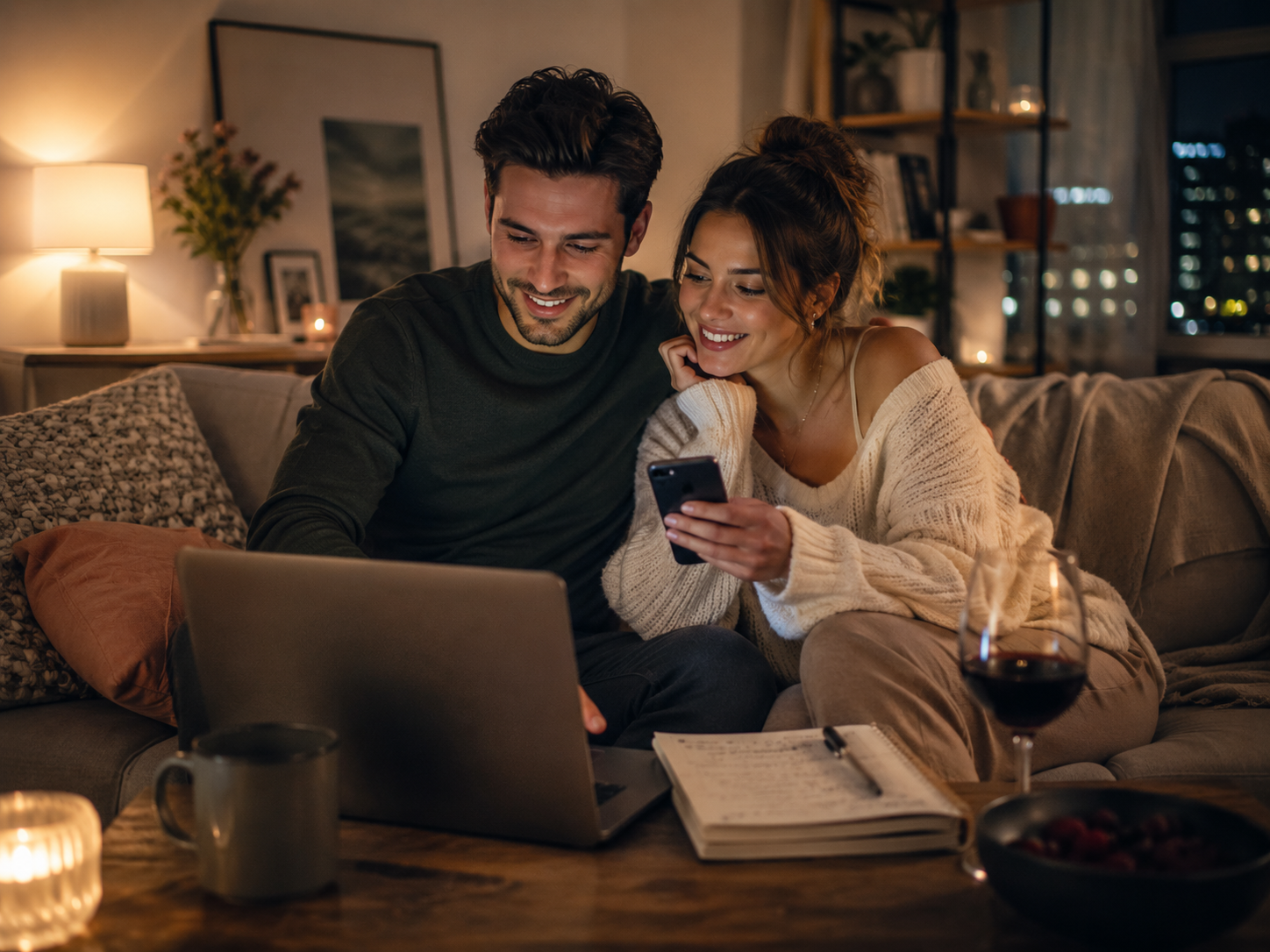 Couple planning date ideas on a sofa